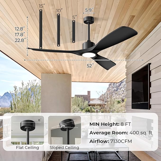 52" Smart Ceiling Fan with Lights,Outdoor Ceiling Fan Work with Alexa/Gg/App/Remote,3-Color Light Dimmable 6-Speed Quiet Reversible for Patio Porch Bedroom,Black