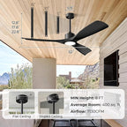 52" Smart Ceiling Fan with Lights,Outdoor Ceiling Fan Work with Alexa/Gg/App/Remote,3-Color Light Dimmable 6-Speed Quiet Reversible for Patio Porch Bedroom,Black