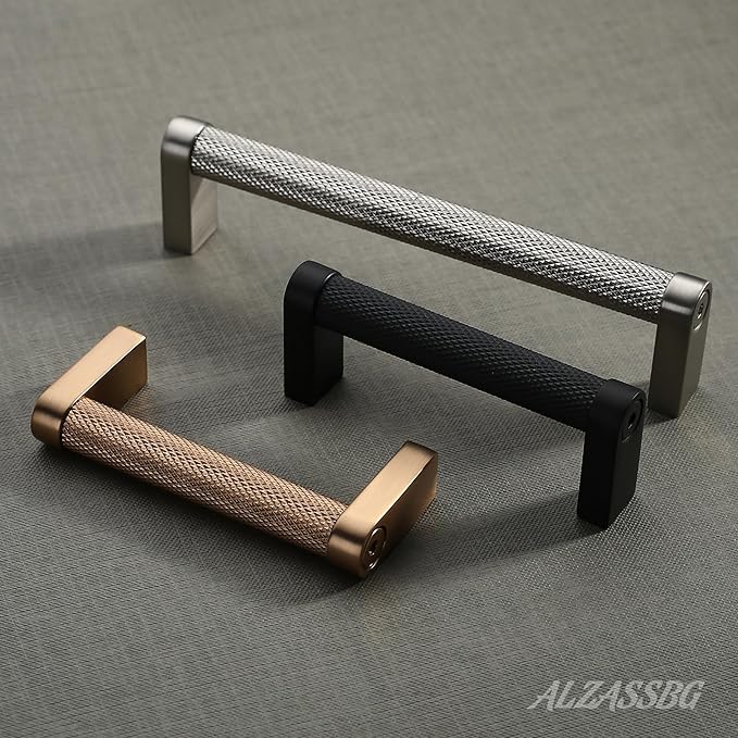 Alzassbg 10 Pack Matt Black Cabinet Pulls, 5 Inch(128mm) Hole Centers Cabinet Handles Kitchen Hardware Knurled Drawer Handle Pull AL3101MB