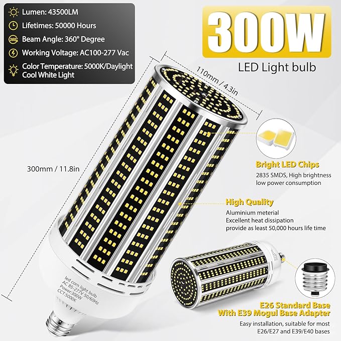 300W 2 Pack LED Corn Light Bulb,3000W Equivalent Commercial Grade 43500LM Daylight 5000K E26/E39 Medium Mogul Base LED Lamp,Large Area Lights for Outdoor Indoor Garage Warehouse Gym Bay Light