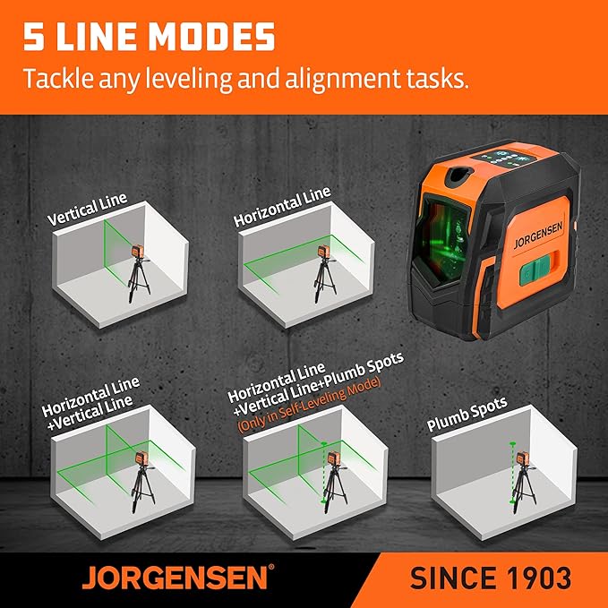 JORGENSEN Laser Level with Tripod & 2 Plumb Dots, 100 FT Self Leveling Point Cross Line Laser Leveler Tool, Wide Angle Green Laser Level for Picture Hanging, Indoor Project, Construction, Carry Bag