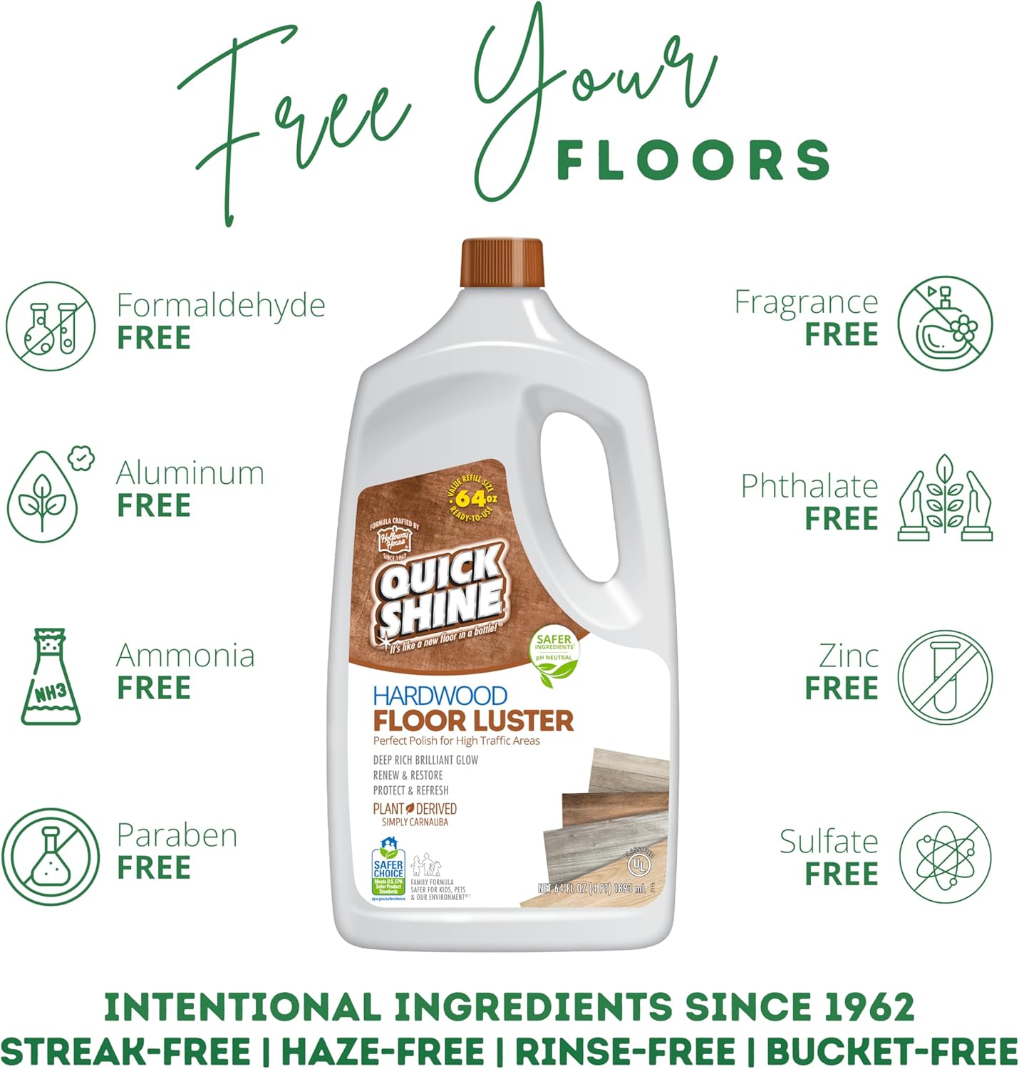 Quick Shine Hardwood Floor Luster-Polish 64oz | Plant-Derived w/Carnauba | Safer Choice, No PFAS, pH Neutral | Ready to Use Formula w/Anti-Slip Technology | Simply Squirt & Spread | Made in USA