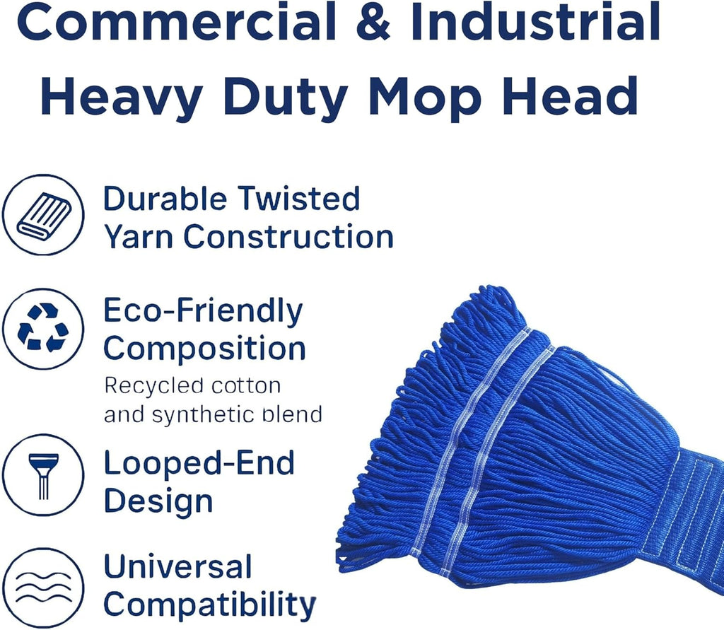 Blue Whales Commercial Mop Heavy Duty Industrial Mop Head Replacement, Looped End String Head Refill, Lint Free, Ideal for Cleaning Service Companies & Homeowners – Fits Clamp & Jaw Handles