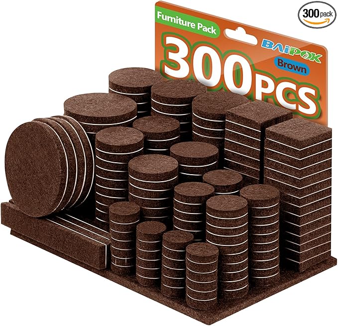 Furniture Pads Felt Pads 300 Pieces Huge Pack Furniture Felt Pads, Self Adhesive Anti Scratch Floor Protectors for Furniture on Hardwood Tile Floor, with 60 Cabinet Door Bumpers, Brown