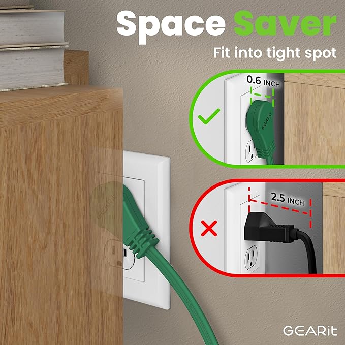 GEARit 360 Rotating Flat Plug Extension Cord with 3 Outlets (15ft, Green) 16AWG/13A 3 Prong Wire, Outlet Saver for Home Office Dorm Room Essentials, ETL Certified