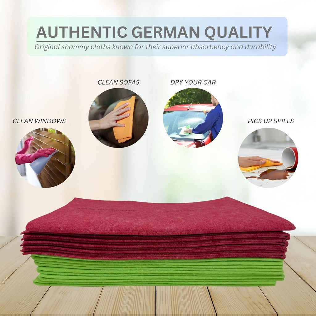 10 Pack Extra Large Original German Holiday Shammy Cloths Chamois Towels Super Absorbent for Pets, Parenting Tool Cleaning for Home and Commercial Use Wholesale Bulk (Red and Green)