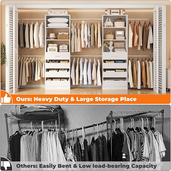 Aheaplus Closet System Set of 2, 4-9Ft Wood Closet Organizer with Drawers & Shelves, Closet Organizer System with 8 Hanging Rods, Walk-in Closets Organizer Wardrobe Closet Rack, White