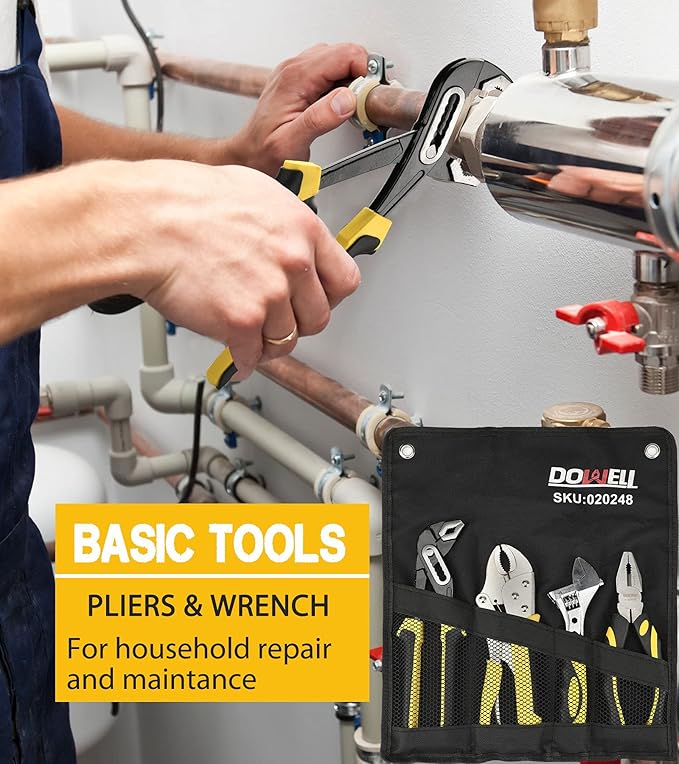 DOWELL 4-Piece Pliers Set - 8 & 10-Inch Combination, Locking & Groove Joint Pliers, Adjustable Wrench, Tool Pouch