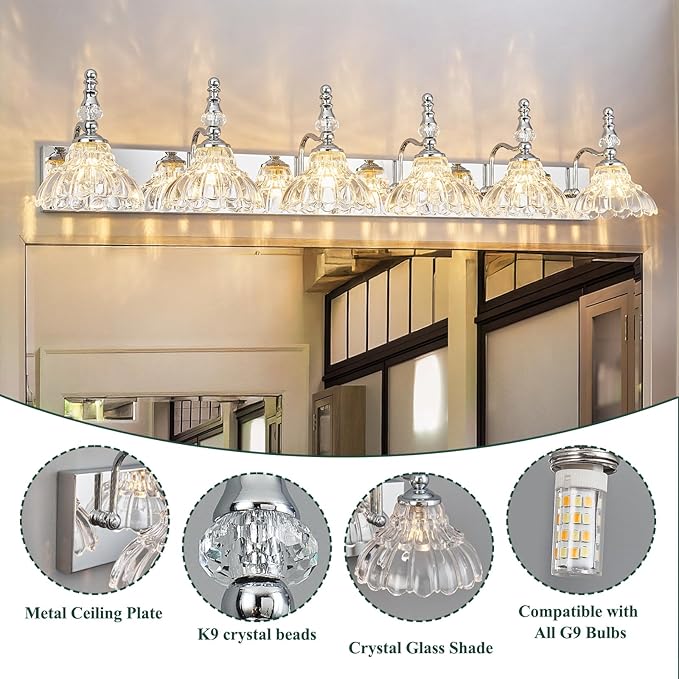 Vintage Bathroom Vanity Light, 6-Light Chrome Vanity Lighting Fixture with Flower Glass Shade, Bathroom Lighting Fixtures Over Mirror