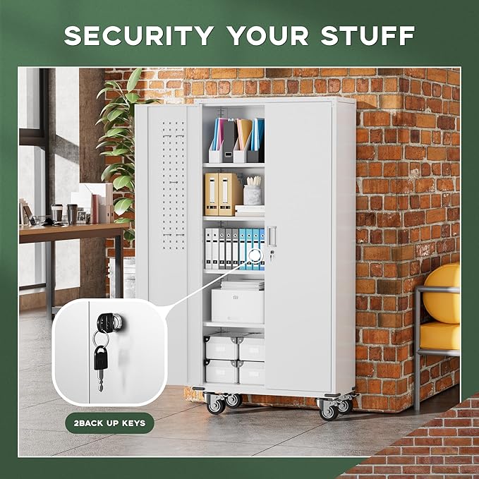 Greenvelly White Metal Storage Cabinet with Wheels and Pegboard, 72" Steel Garage rolling Cabinet with Doors and 4 Shelves, Tall Locking Cabinets Tool Lockable Storage Cabinets for Garage, Home Office