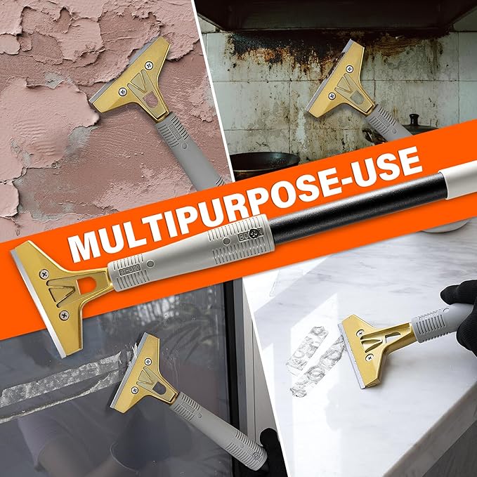 Gomake 4" Wide Razor Blade Scraper Tool with Adjustable 16''-58"(1.3ft -4.8ft) Long Handle, 20PCS Extra Metal Blades, Cleaning Glass Wall Scraper, Painting stripping tools, Tile, Floors, Walls