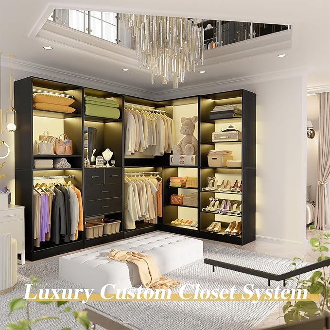 Unikito 110” Closet System with Drawers, Corner Closet Organizer with 4 Hanging Rods and Mirror Design, 9.3FT Reversible Large Wood L Shaped Walk in Closets Wardrobe with Shoe Shelves, Set of 4, Black