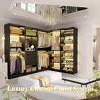 Unikito 110” Closet System with Drawers, Corner Closet Organizer with 4 Hanging Rods and Mirror Design, 9.3FT Reversible Large Wood L Shaped Walk in Closets Wardrobe with Shoe Shelves, Set of 4, Black