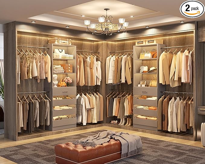 Aheaplus Closet System Set of 2, 4-9Ft Wood Closet Organizer with Drawers & Shelves, Closet Organizer System with 8 Hanging Rods, Walk-in Closets Organizer Wardrobe Closet Rack, Grey1