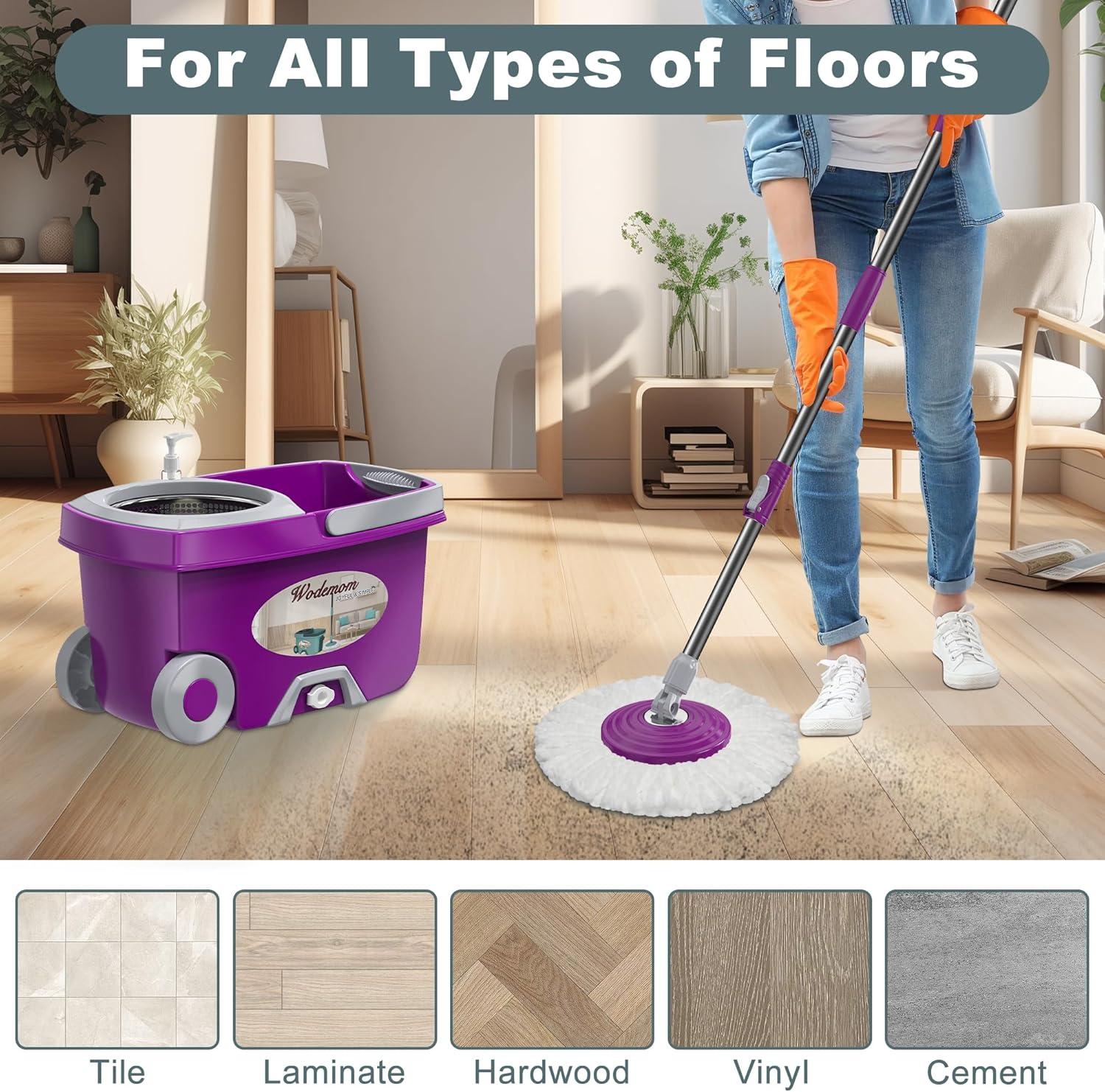 Dual Compartment Spin Mop and Bucket, Mop and Bucket with Wringer Set,360°Rotating Spinning Mopping for Floor Cleaning with 3 Microfiber Replacement Heads, 61" Extended Handle, 2X Wheel