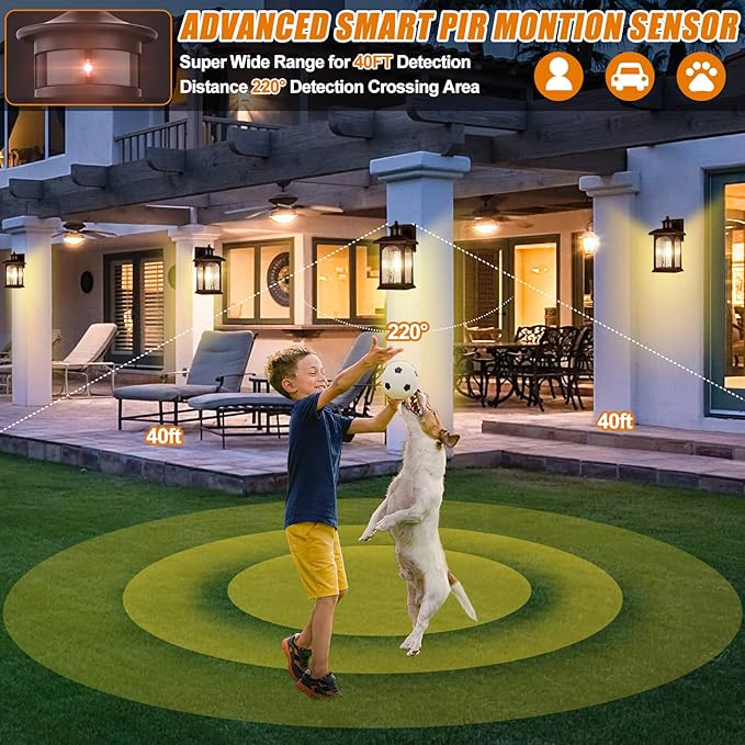 Brown Motion Sensor Outdoor Wall Sconce - Smart Dusk to Dawn Outdoor Lighting, Oil Rubbed Bronze Outdoor Wall Lights & Exterior Light Fixtures, Porch Lights with Water Rippled Glass for Garage House