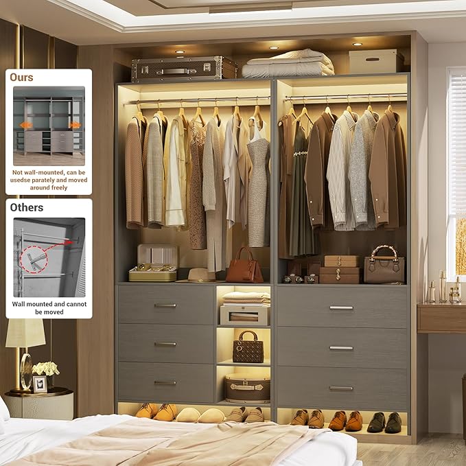 Aheaplus Closet System with 6 Drawers, 4.5ft Wood Closet Organizer System, Walk-in Closet or Small Closets Wardrobe, Clothes Rack with Hanging Rods, Set of 2 Grey