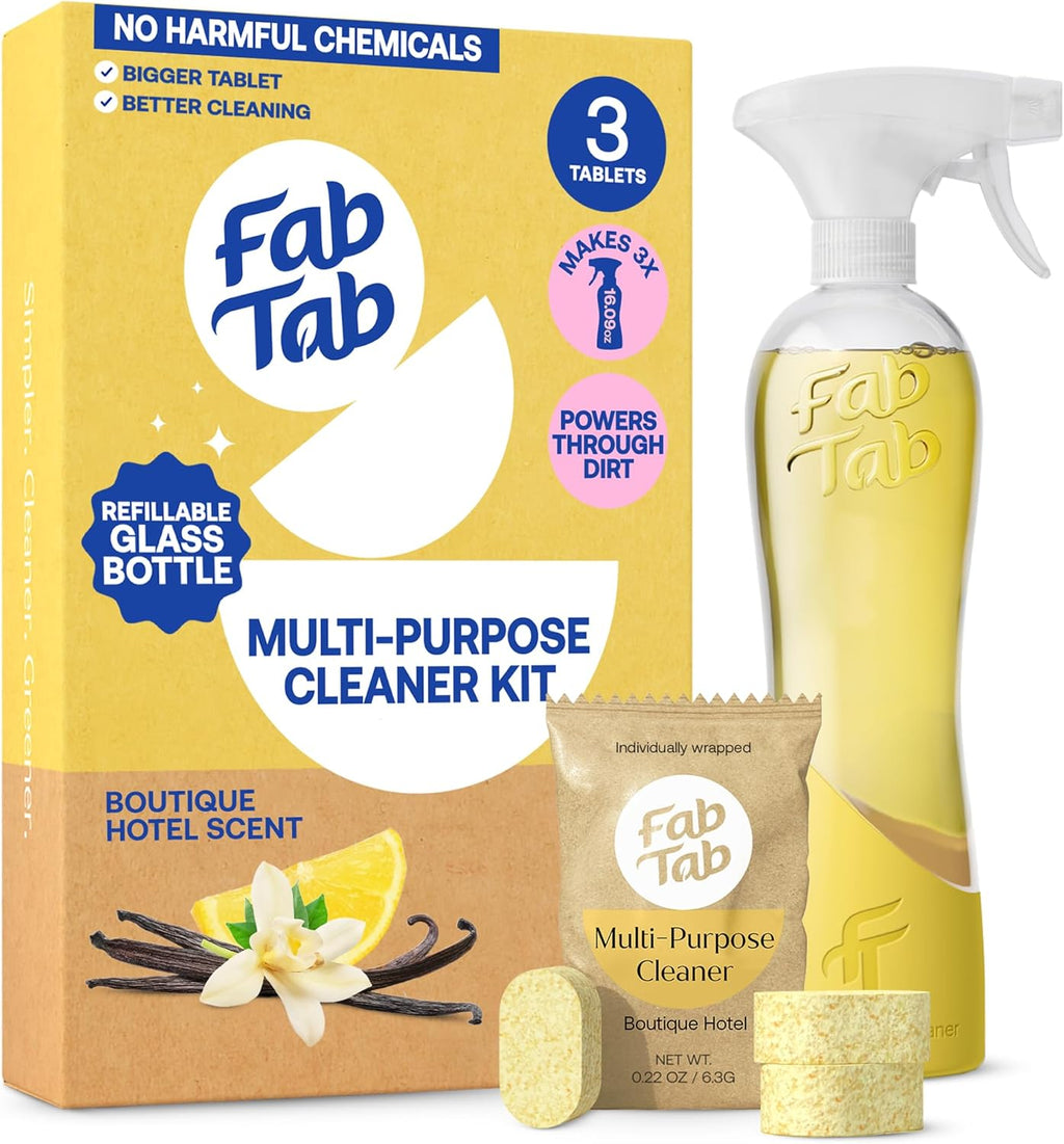 Fab Tab Multi Purpose Cleaner Cleaning Tablets, Eco-Concious Refillable Glass Bottle System with Boutique Hotel Scent, Safe For Family and Pets - Chemical-Free, Plastic-Free - 3 Count