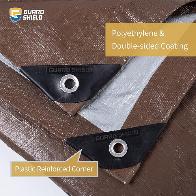 GUARD SHIELD Tarps Heavy Duty Waterproof 10x12 Feet Brown/Bright Silver Poly Tarp Cover Outdoor Thick UV Resistant Tarpaulin with Grommets 10mil
