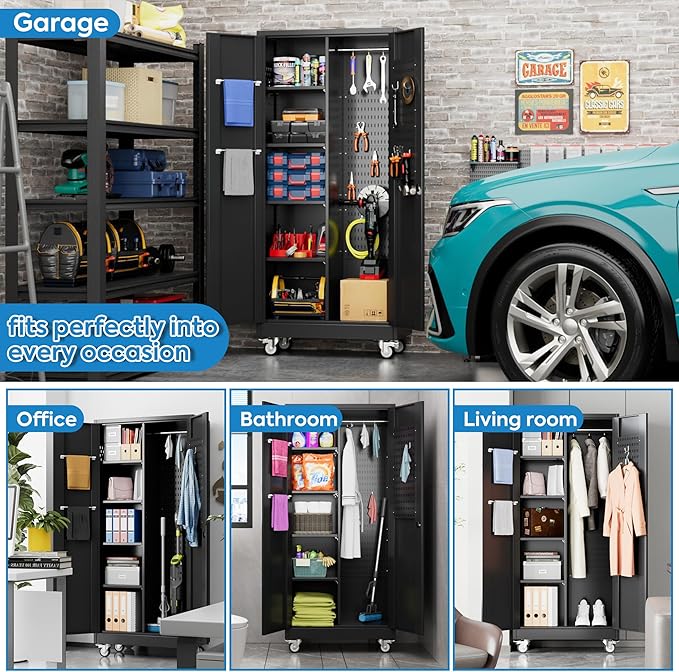 Garage Storage Cabinet with Wheels and 5 Pegboard, Broom Closet Storage Cabinet with Hanging Rod and 13 Hooks, Metal Cabinets with 4 Shelves for Garage, Home, 71"H x 31.5"W x 15.75"D, Black