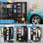 Garage Storage Cabinet with Wheels and 5 Pegboard, Broom Closet Storage Cabinet with Hanging Rod and 13 Hooks, Metal Cabinets with 4 Shelves for Garage, Home, 71"H x 31.5"W x 15.75"D, Black