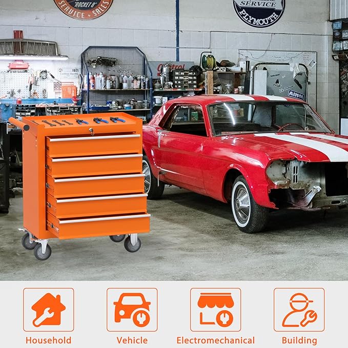 5-Drawer Rolling Tool Chest, Tool Box with 4 Wheels and Drawers, High Capacity Detachable Mobile Tool Storage Cabinet for Garage, Workshop, Mechanics and Repair Room (Orange)
