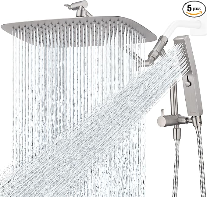 G-Promise All Metal 14 Inch Shower Head with Massage Mode Handheld, Rain Shower Head with Handheld Spray Combo, 3-Way Diverter with Pause Setting, 12 Inch Adjustable Extension Arm (Brushed Nickel)