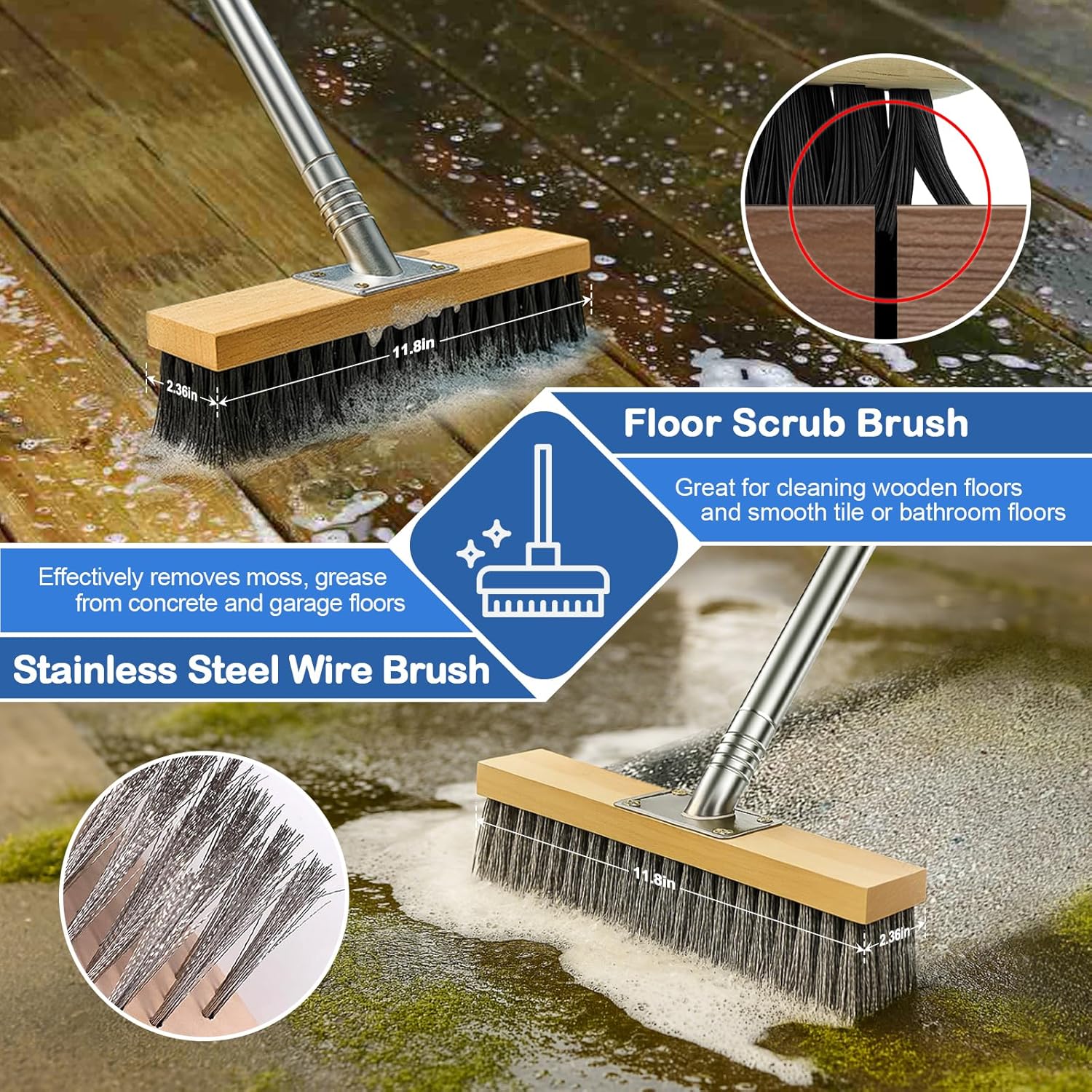 3-in-1 Deck Brush Kit Include Stainless Steel Wire Broom Brush with Long Handle, Floor Scrubber Brush & Crack Weeder Tool for Cleaning Outdoor Broom, Concrete, Garage, Patio, Swimming Pool