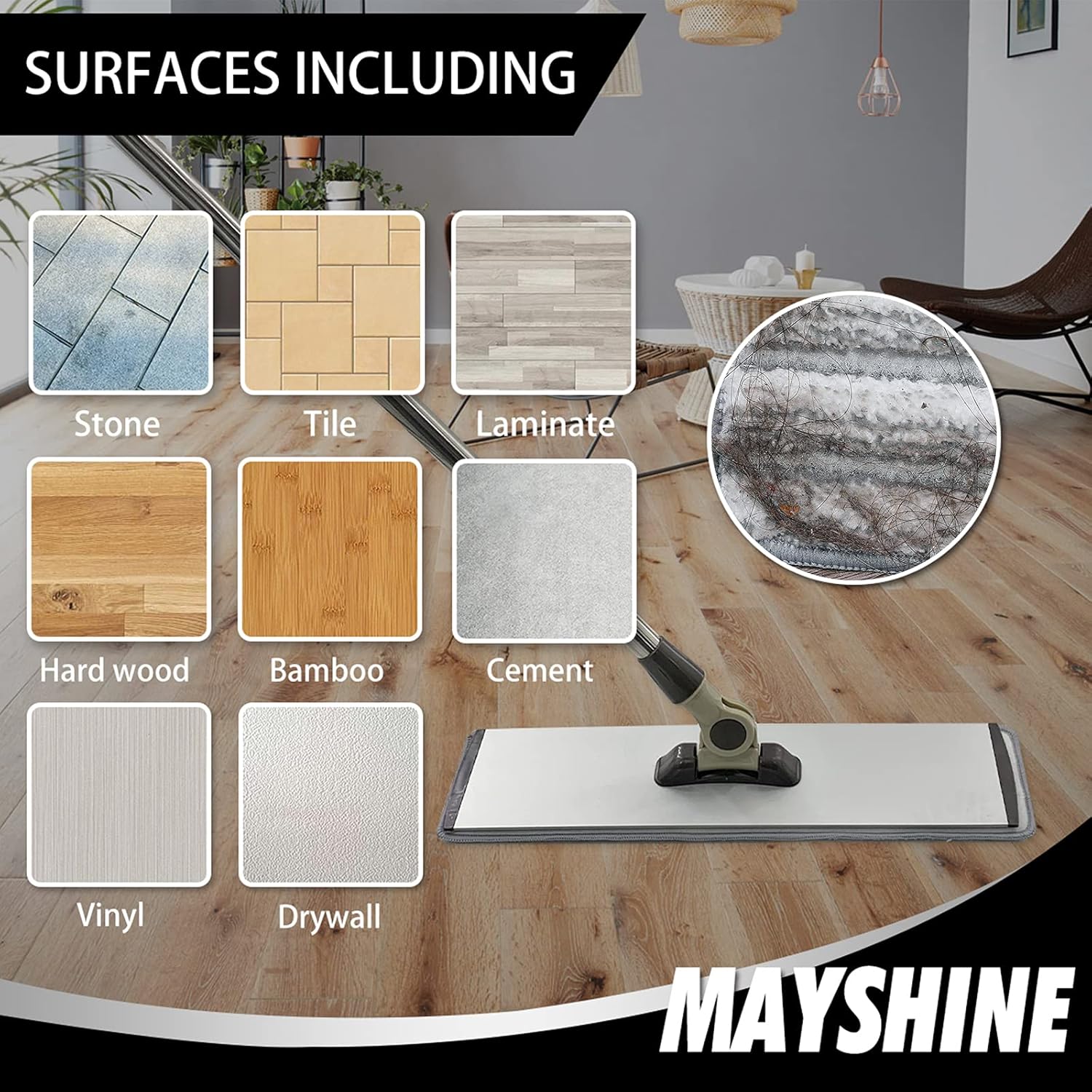 MAYSHINE 18" 360 Spin Microfiber Mop System w/ 2 Premium and 2 Standard Microfiber Pads | Use on Hardwood, Tile, Laminate, Vinyl Wet or Dry | Flat Dust Mop with 67" Extendable Steel Handle