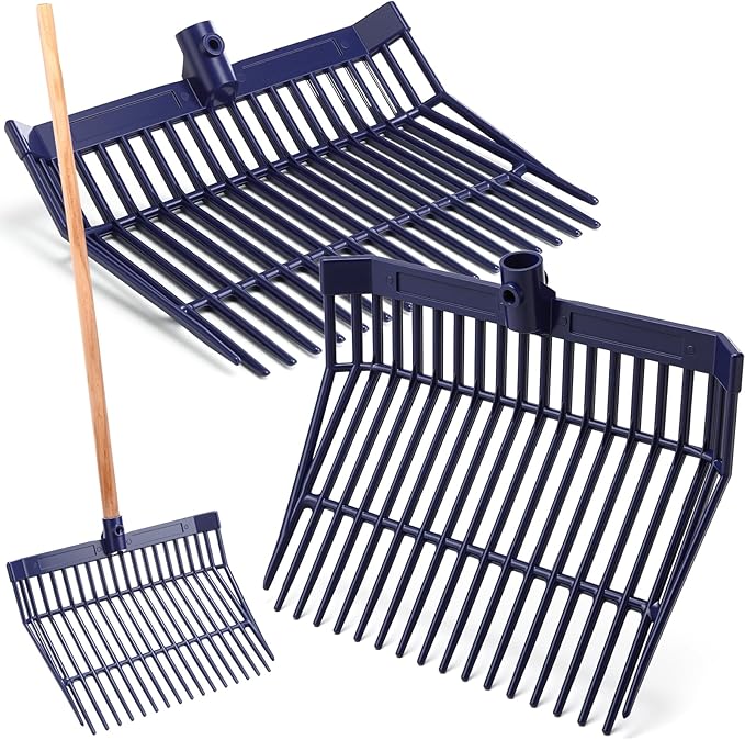 Lasnten Manure Fork Replacement Head, 18 Tines Pitchfork Head with Screws and Nuts, Horse Manure Rake for Picking up Grass and Hay (Navy,2 Pcs)