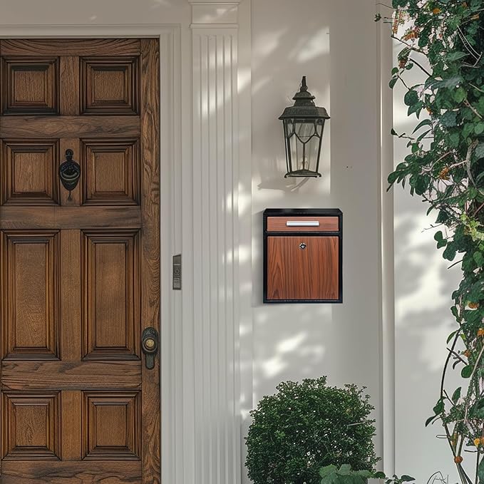 Locking Wall-Mount Mailbox, Wood Vintage Metal Mailboxes for Outside, Security Drop Box with Lock, Large Capacity Mounted Mailbox, Heavy Duty Thickened Mailbox