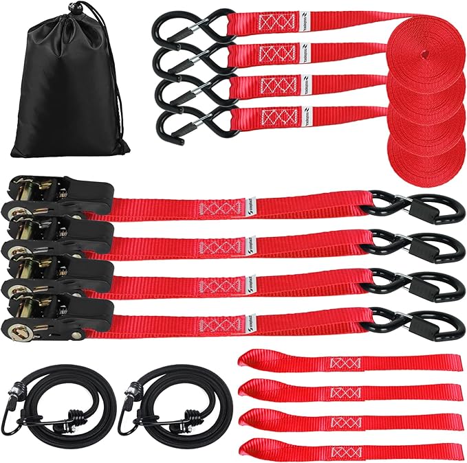 Ratchet Tie Down Straps 4 Pack -15 FT - 2200 LB Heavy Duty Srap for Trucks Cargo Ropes Tie Down Ratchet Rope Set Truck Bed with Safety Lock S Hooks Moving Hold Down-Red