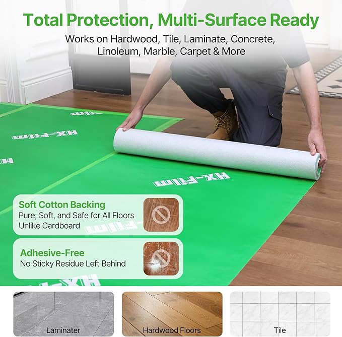 39" x 200' Heavy-Duty Floor Protection | Construction Grade Carpet Protector | Drop Cloth Plastic Film for Hardwood Floors | Waterproof Painters Covering with No Residue (Green)