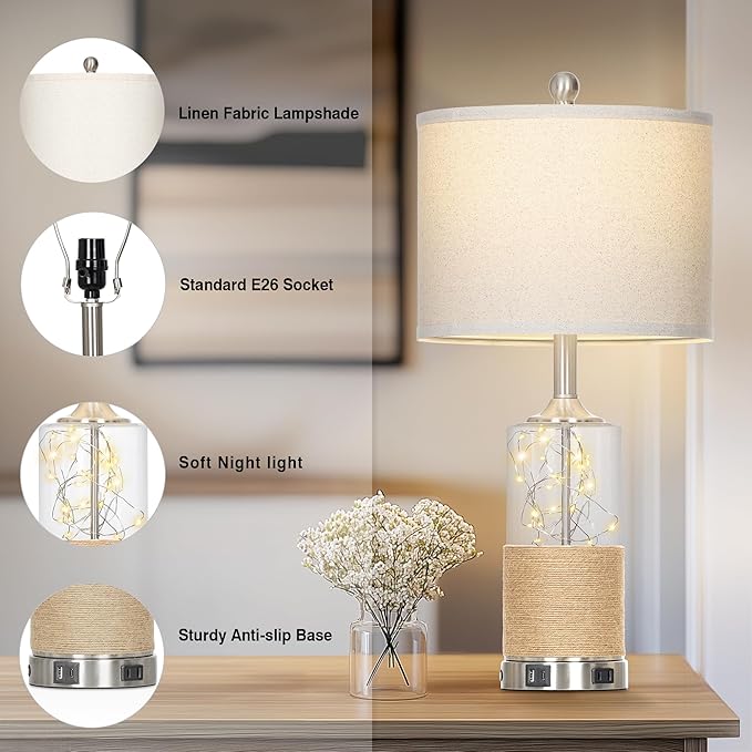 25" Coastal Glass Lamps Set of 2, Touch Control 3-Way Dimmable Night Light Modern Table Lamp with USB A+C Ports & AC Outlets Linen Fabric Shade for Living Room Bedroom Silver Ocean(LED Bulbs Included)