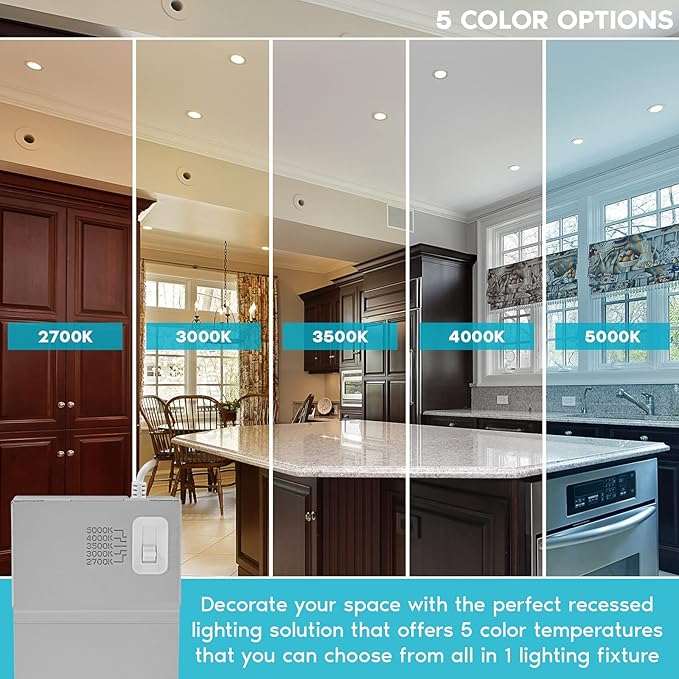 LUXRITE 4 Inch Ultra Thin LED Recessed Lighting, 10.5W, 5 Color Selectable 2700K | 3000K | 3500K | 4000K | 5000K, CRI 90, 750 Lumens, Dimmable LED Wafer Lights, Wet Rated, Baffle Trim (6 Pack)