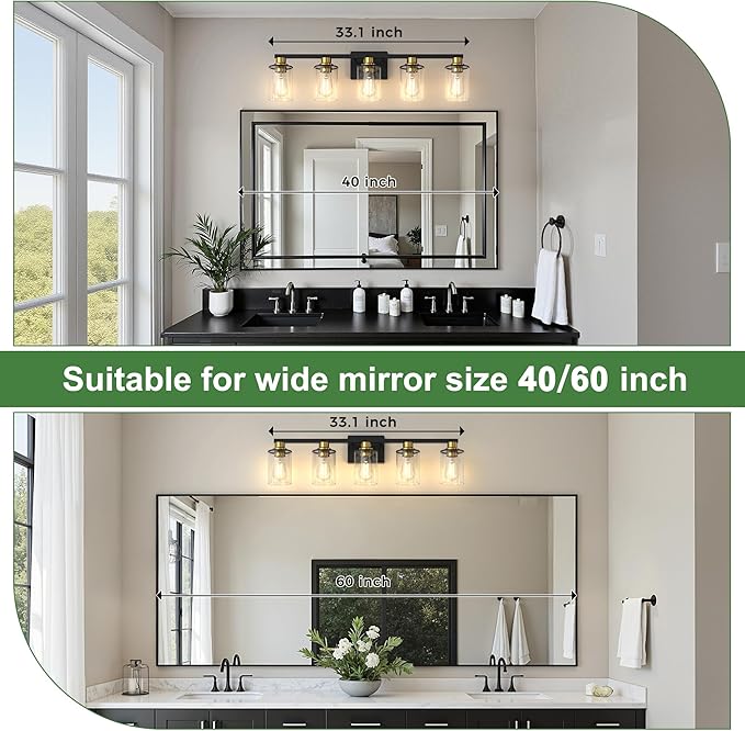 DORESshop Bathroom Light Fixtures, 5-Light Gold and Black Bathroom Lighting Fixtures Over Mirror with Clear Glass Shade, Vanity Lights for Hallway Living Room Bedroom