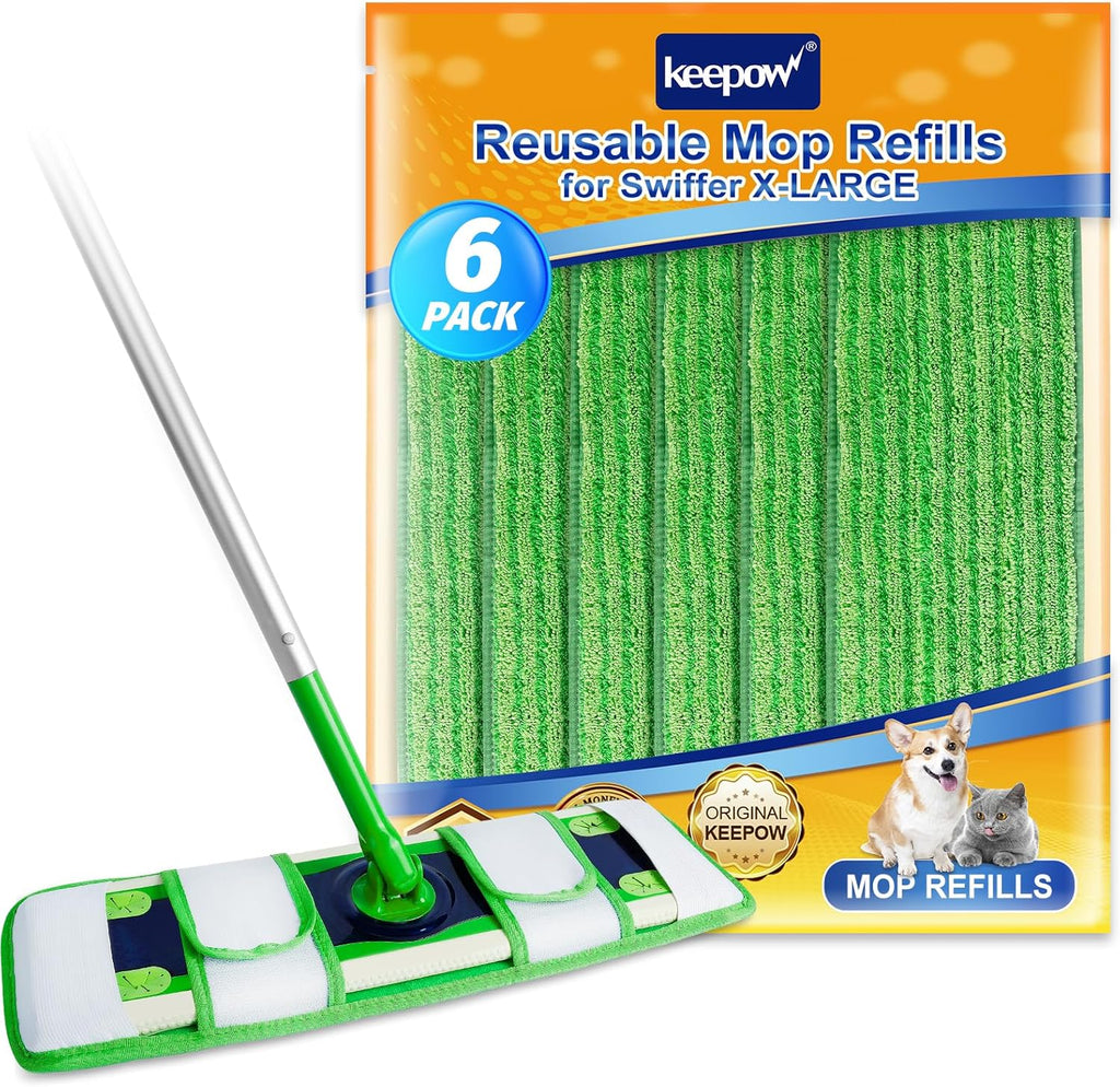 KEEPOW XL Mop Pads Compatible with Swiffer Sweeper XL, 6 Pack Wet Pads Refills Dry Sweeping Cloths, Reusable Pads for X-Large
