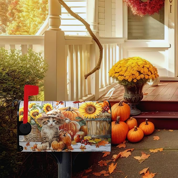 Fall Pumpkin Sunflower Mailbox Covers Magnetic 21x18 Inch Cute Cat Autumn Harvest Mailbox Cover Thanksgiving Post Letter Box Wraps Standard Size Garden Farm Outdoor Yard Decor