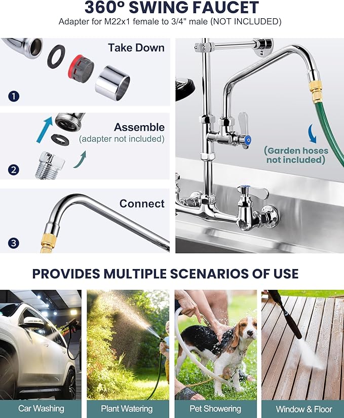 36" Height Commercial Faucet Wall Mount with Sprayer 8" Adjustable Center 10" Swing Spout, Kitchen Sink Faucet with Pull Down Pre-Rinse Sprayer for Restaurant Industrial Kitchen, Chrome