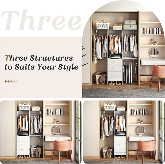 YOUDENOVA 5FT Closet System with 3 Drawers, 59 Inches Wood Closet Organizer System, Walk-in Closet Built In System Tower, Closet Wardrobe Clothes Garment Racks, White