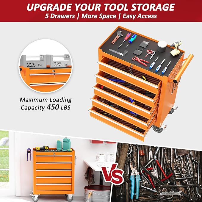 5 Drawers Rolling Tool Chest with Wheels, Portable Rolling Tool Boxes with Wheels, Tool Box Storage Cabinet with Locking System for Garage (Orange, 5 Drawers)