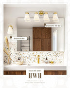 Bathroom Light Fixtures Brushed Gold, HWH 4 Light Vanity Lights Over Mirror, Modern Wall Lamp Bathroom Lighting with Frosted White Striped Glass, 5HZG97B-4W BG