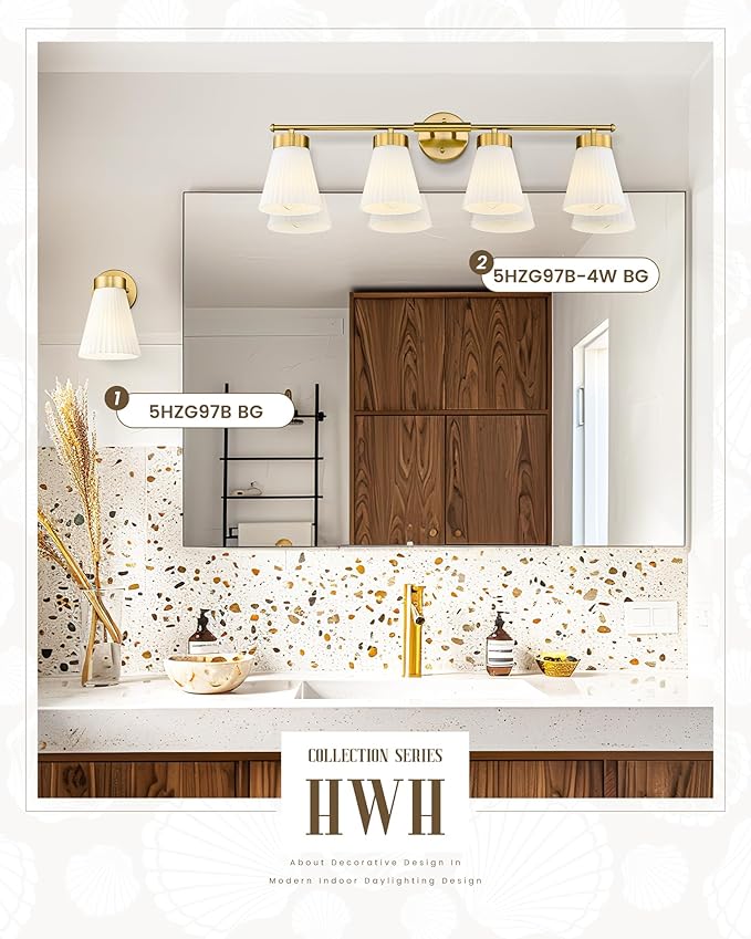 Bathroom Light Fixtures Brushed Gold, HWH 4 Light Vanity Lights Over Mirror, Modern Wall Lamp Bathroom Lighting with Frosted White Striped Glass, 5HZG97B-4W BG