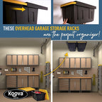 Koova Heavy-Duty Overhead Garage Storage Rack for 2 Bins. Adjustable Width, 80lb Capacity. DIY Safe Ceiling Mount, Easy Install. Fits 27-Gallon Totes. USA Made Pro-Grade Steel. Space Saving Organizer