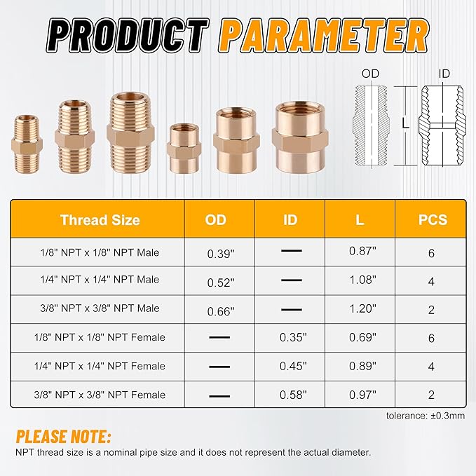 KOOTANS 24PCS Brass Pipe Fittings Brass Hex Nipple Hex Coupling Kit 1/8" to 1/8" NPT, 1/4" to 1/4" NPT, 3/8" to 3/8" NPT Male to Male Female to Female Adapter Pipe Fitting Connector