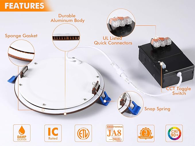 Cloudy Bay 6 inch 3000K/ 4000K/ 5000K Three Color Temperature Selectable,Dimmable 15W CRI90+,Ultra Thin LED Recessed Light with Junction Box,IC Rated, Canless Wafer Downlight, Oil Rubbed Bronze,6 Pack