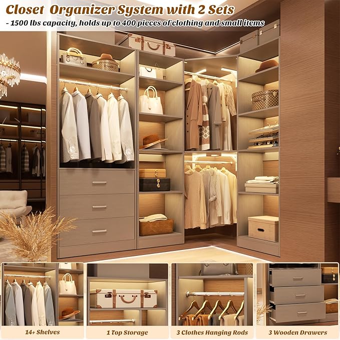 Corner Closet System with 3 Drawers, Corner Closet Organizer System with 13 Shelves & 3 Hanging Rods, 63.2"L * 39.2"W Reversible L Shaped Walk-in Closets, Load 2000+LBS, Grey
