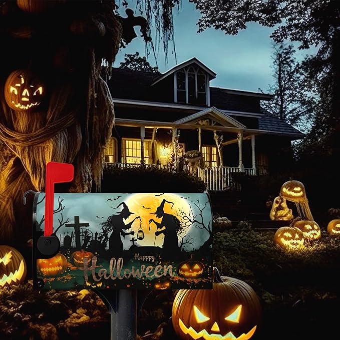 Halloween Witch Moon Mailbox Covers Magnetic 25.5 x 21 Inch Halloween Pumpkin Lanterns Seasonal Pattern Home Houses Mailbox Wraps Letter Box Cover Decorations Large Size for Outdoor