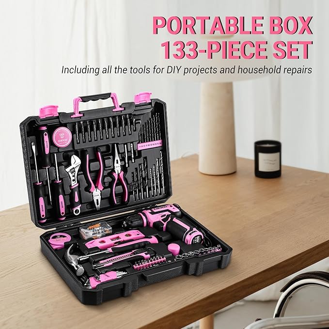 Pink Tool Set: Tool kit with 12V Cordless Drill Set for Women Home Hand Repair Tools Sets Drills Case