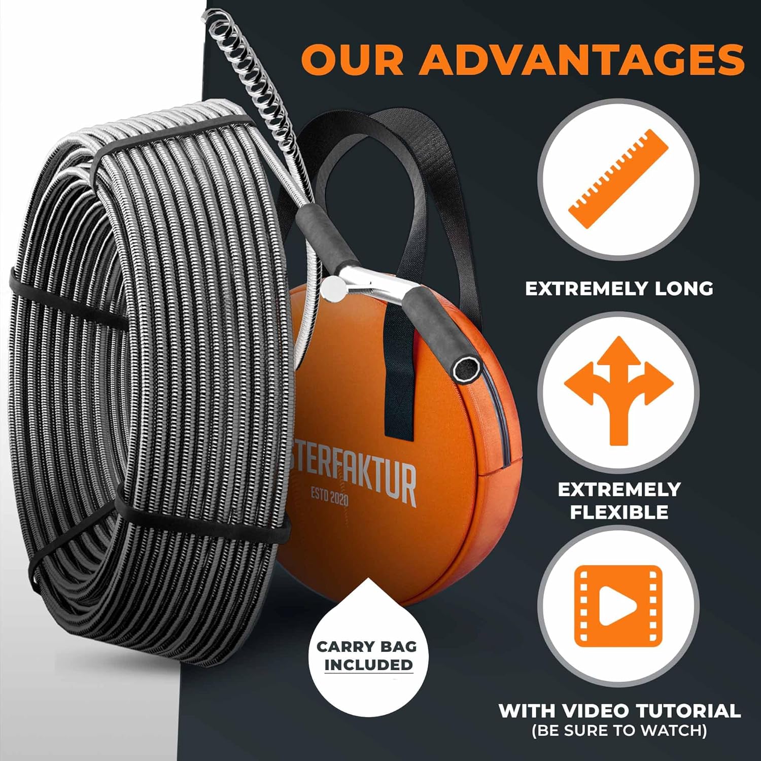 drain snake 3.0 [100 FT] - extremely long - Ideal plumbing snake for heavy & deep blockages - The drain auger for real do-it-yourselfers! (100 FT - 1/2 inch)